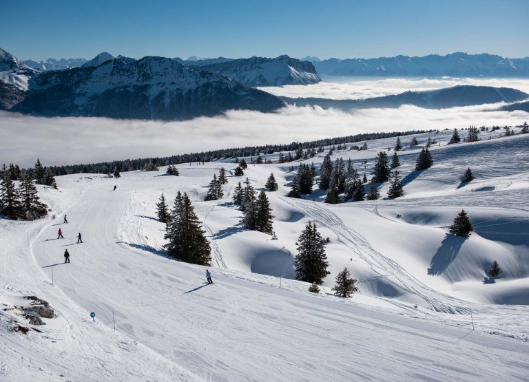 Domaine skiable enneigé avec skieurs au loin